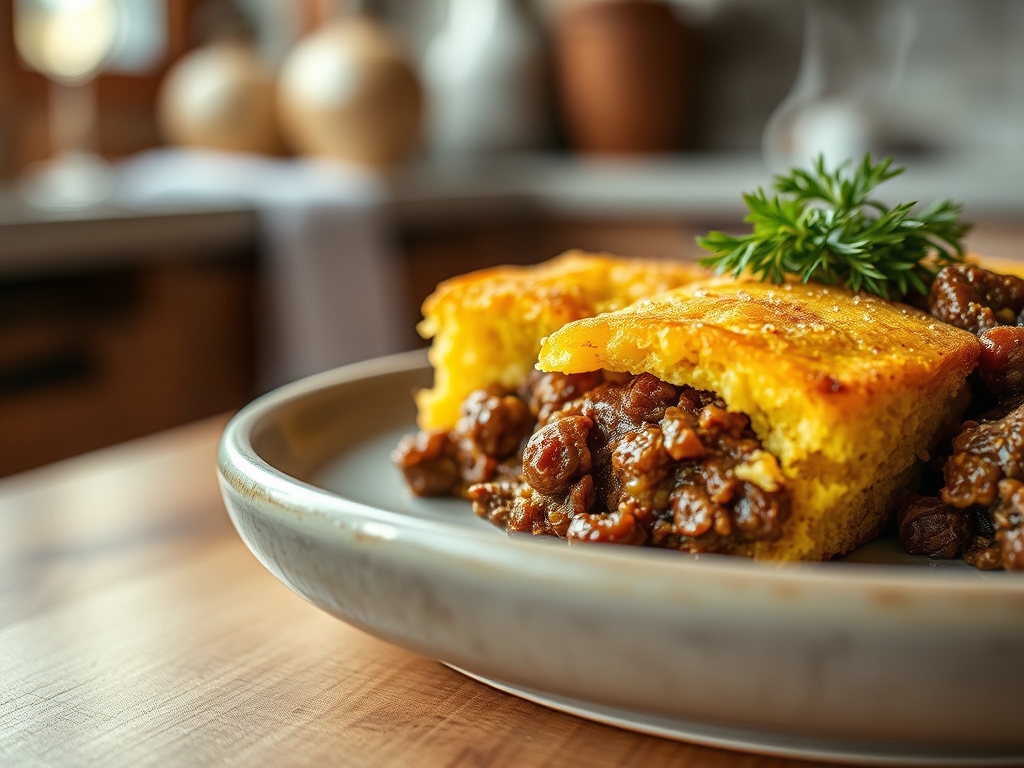 Freshly prepared corn bread and ground beef recipes