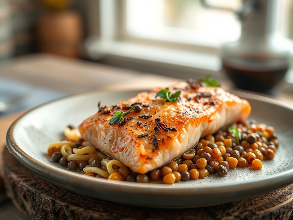 Freshly prepared lentils and salmon recipes
