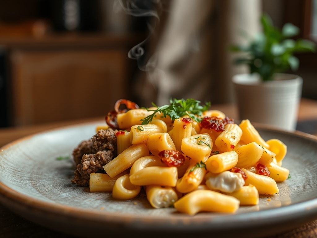 Freshly prepared mac and cheese and ground beef recipes